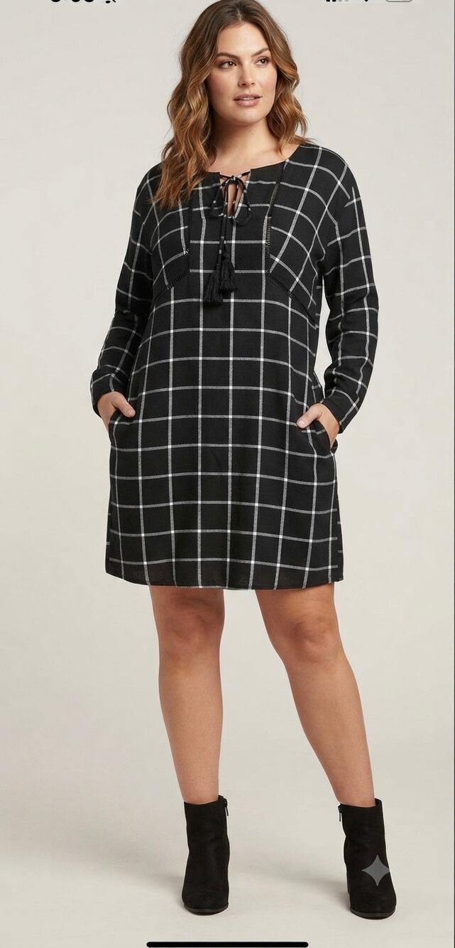 Christy & Co Black & White Plaid Cotton Tunic Dress Lace-Up Neck Pockets Size L